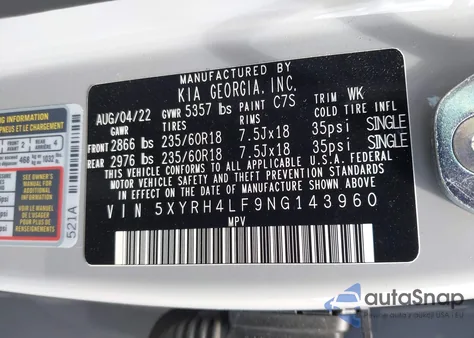 2022 Kia Sorento Ex z USA, uszkodzony, nr VIN 5XYRH4LF9NG143960